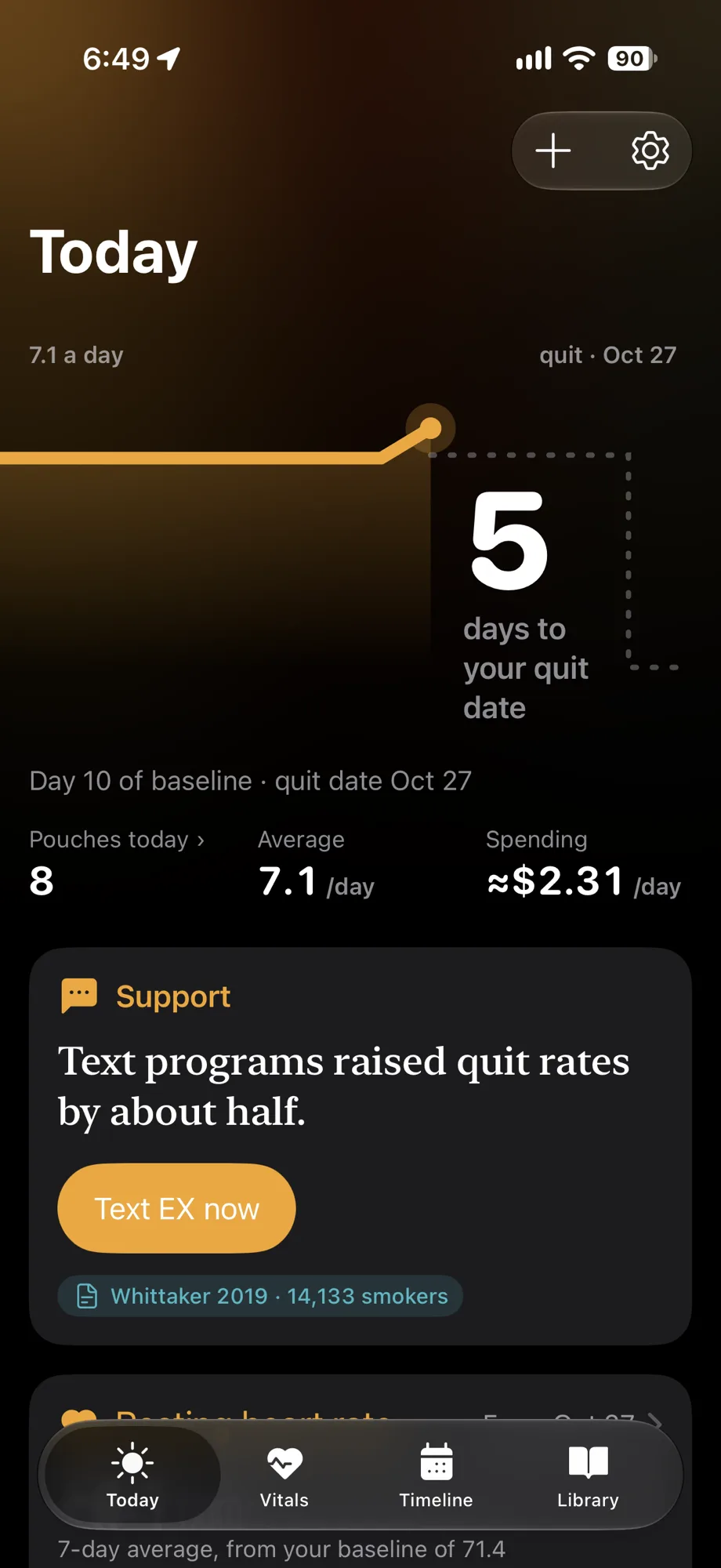 Today during the baseline: 5 days to the quit date, 8 pouches today, 7.1 a day on average, about $2.31 a day