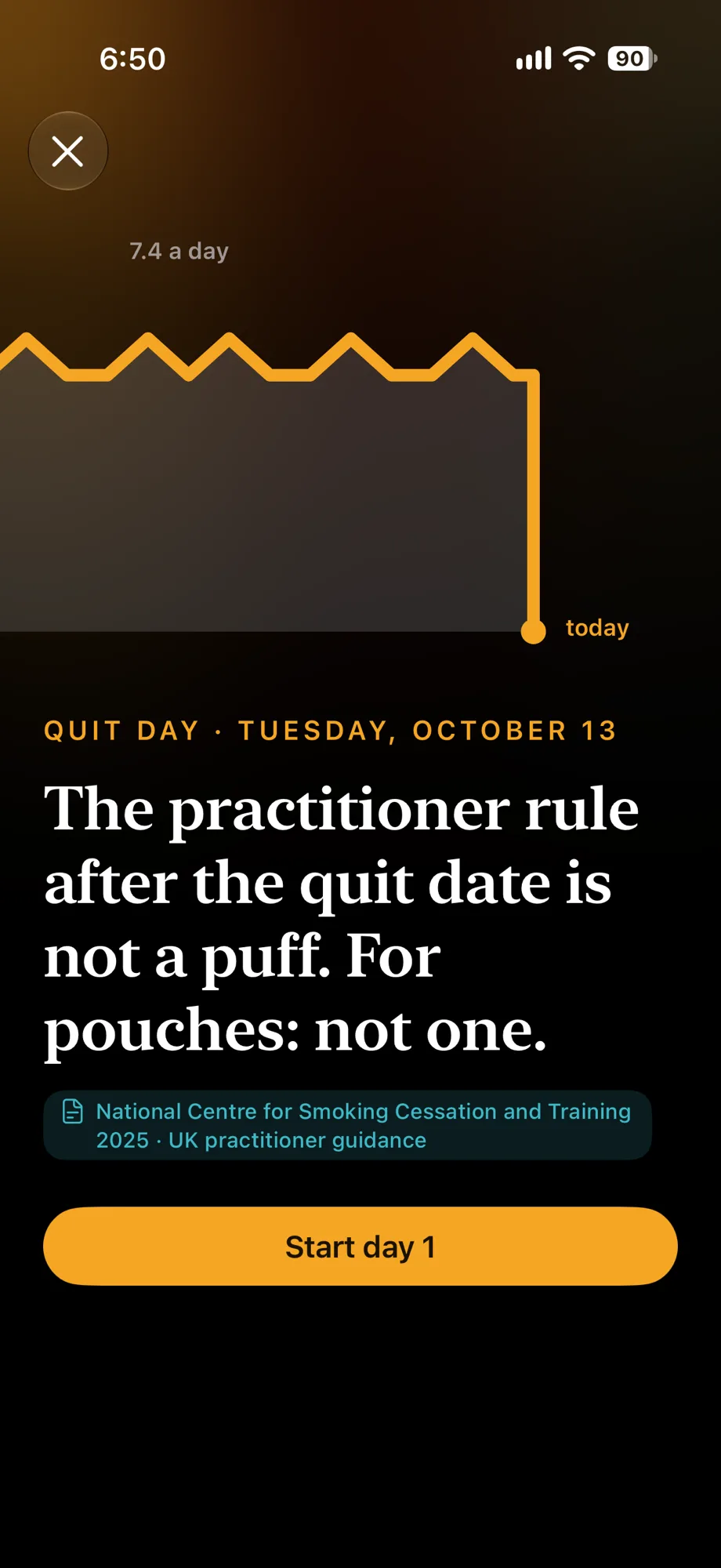 Quit day: the pouch trace drops to today, not one pouch after the quit date, Start day 1